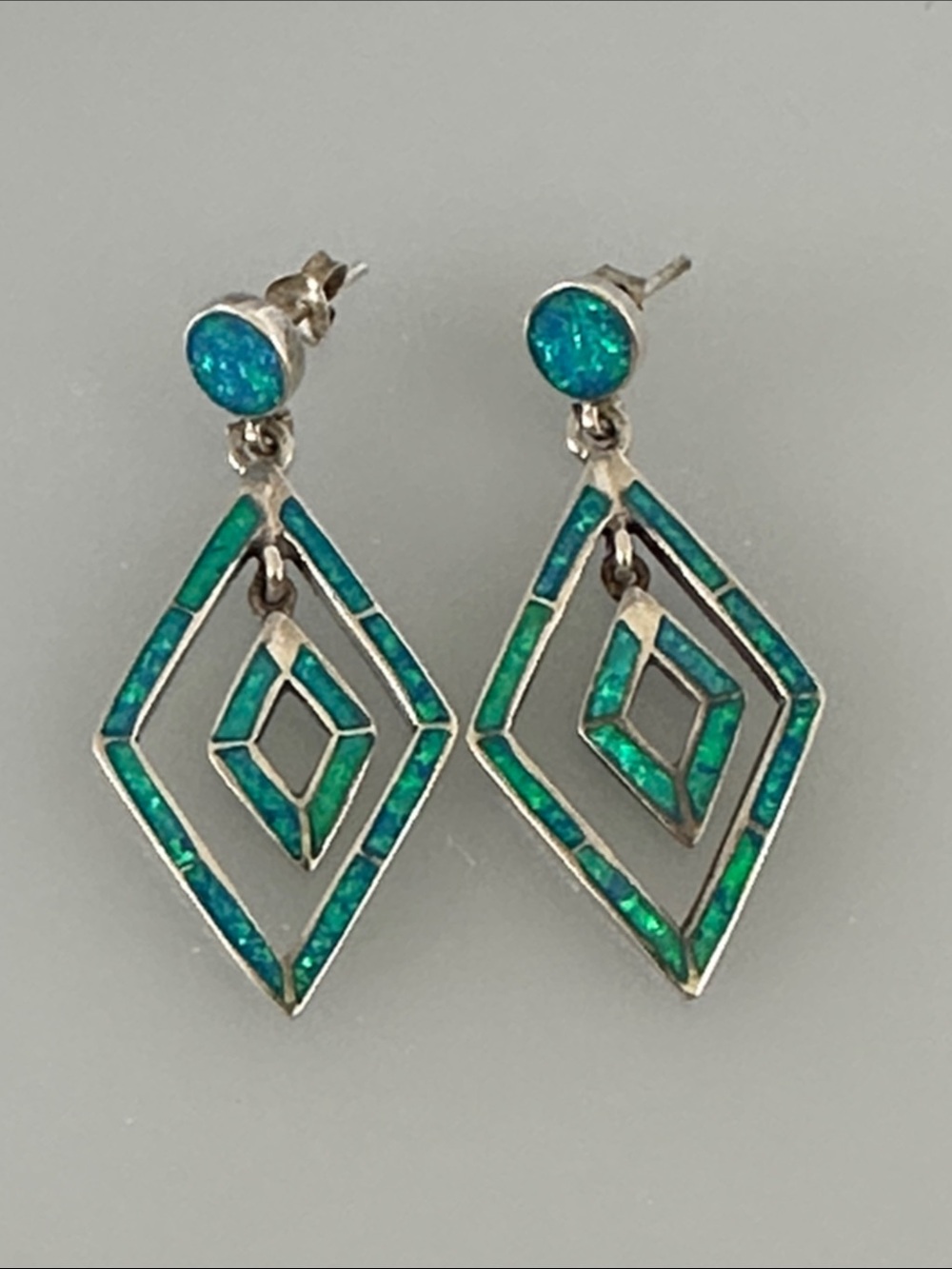 Navajo 925 sterling Silver Teal Opal Double Diamond Drop Earrings